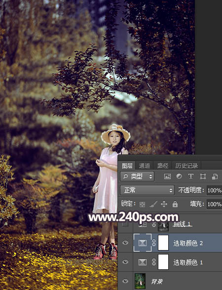 Photoshop调制出唯美的暗红色密林人物图片