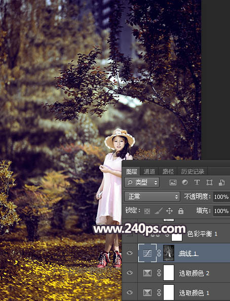 Photoshop调制出唯美的暗红色密林人物图片