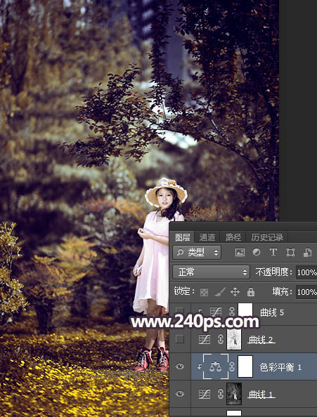 Photoshop调制出唯美的暗红色密林人物图片
