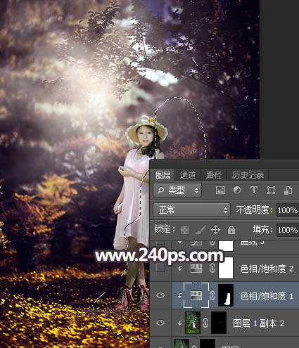 Photoshop调制出唯美的暗红色密林人物图片