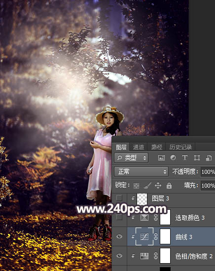 Photoshop调制出唯美的暗红色密林人物图片