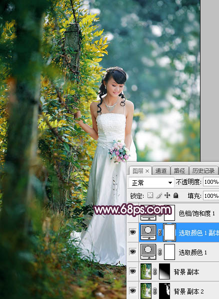 Photoshop将树林婚片打造唯美的淡紫色特效