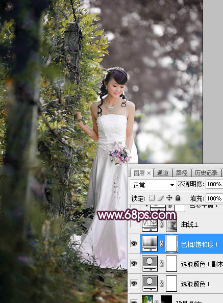 Photoshop将树林婚片打造唯美的淡紫色特效