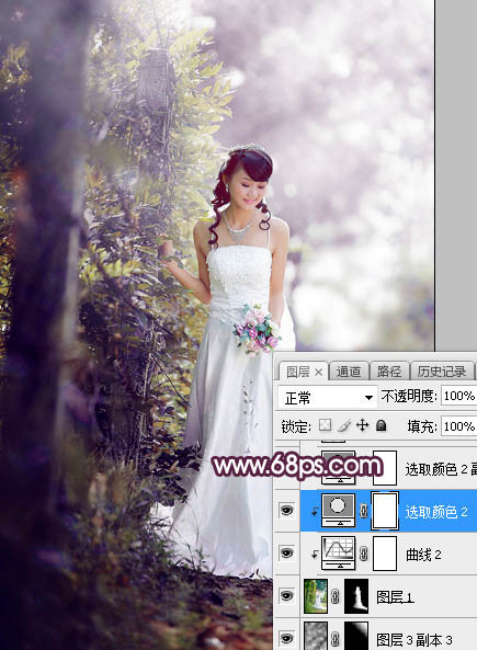 Photoshop将树林婚片打造唯美的淡紫色特效