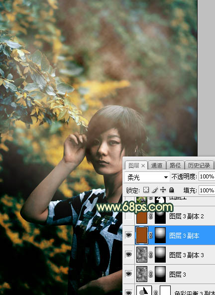 Photoshop将夏季树林人物图片打造甜美的青黄色