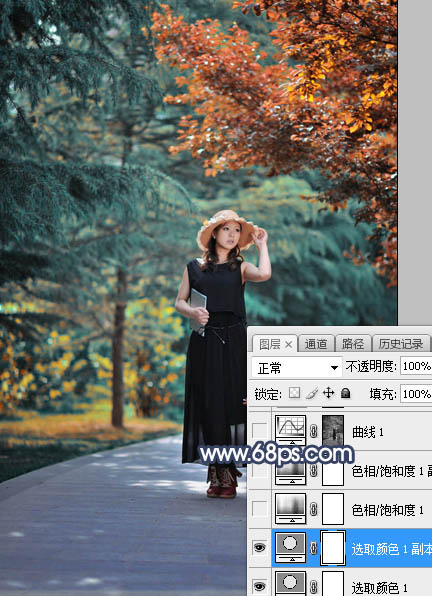 Photoshop调制出唯美的暗调秋季色树林人物图片