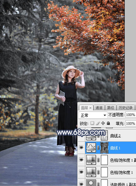 Photoshop调制出唯美的暗调秋季色树林人物图片