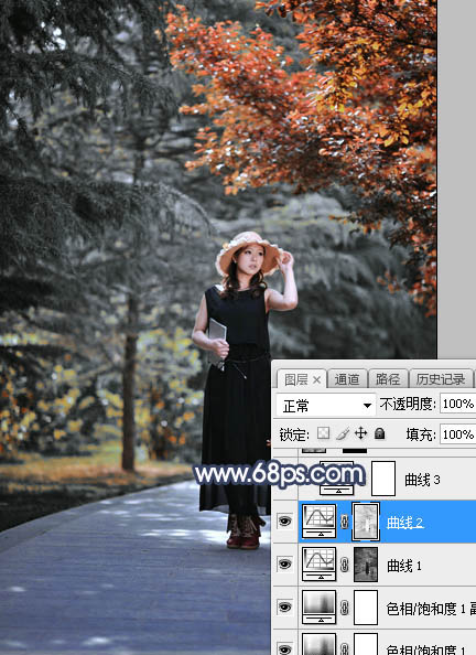 Photoshop调制出唯美的暗调秋季色树林人物图片