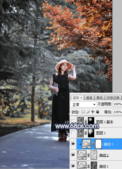 Photoshop调制出唯美的暗调秋季色树林人物图片