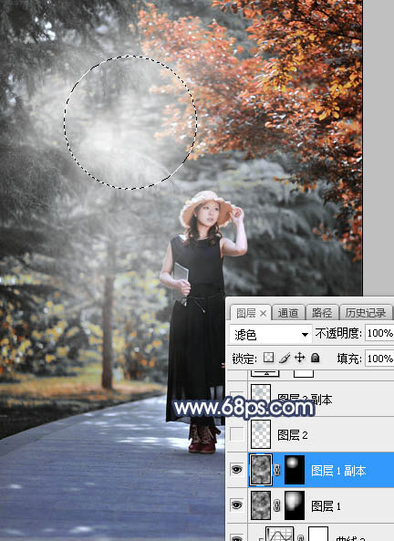 Photoshop调制出唯美的暗调秋季色树林人物图片