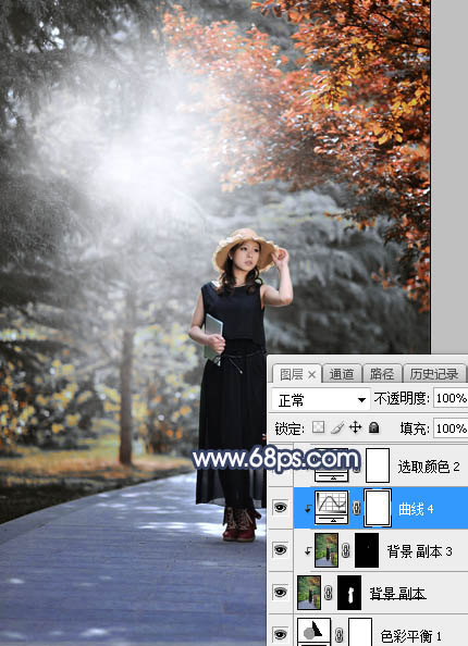Photoshop调制出唯美的暗调秋季色树林人物图片