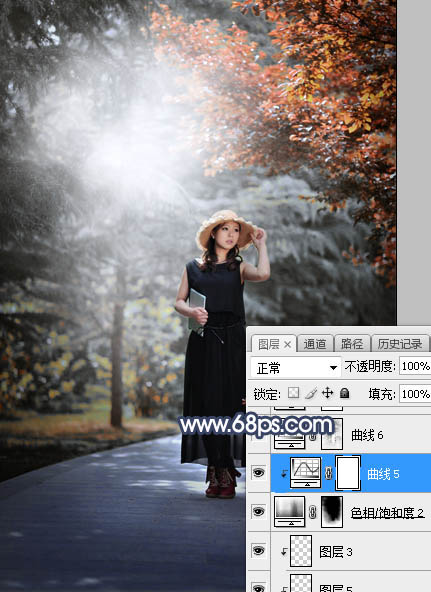 Photoshop调制出唯美的暗调秋季色树林人物图片
