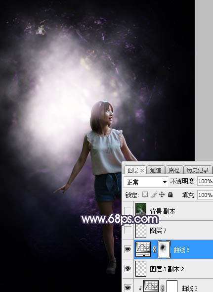 Photoshop将树林人物图片打造梦幻的暗紫色