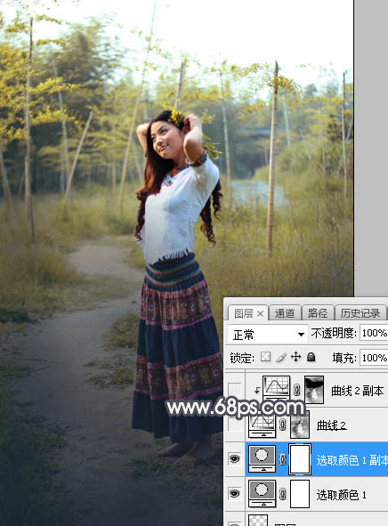 Photoshop调制出给漂亮的霞光色竹林人物图片