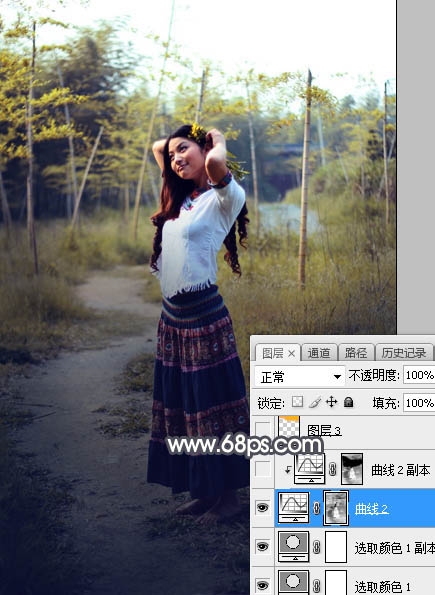 Photoshop调制出给漂亮的霞光色竹林人物图片