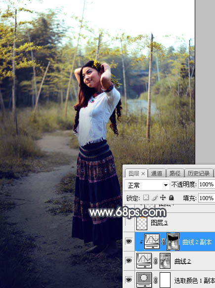 Photoshop调制出给漂亮的霞光色竹林人物图片