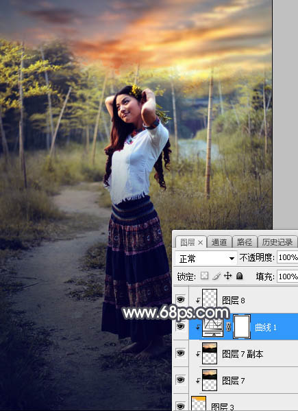Photoshop调制出给漂亮的霞光色竹林人物图片