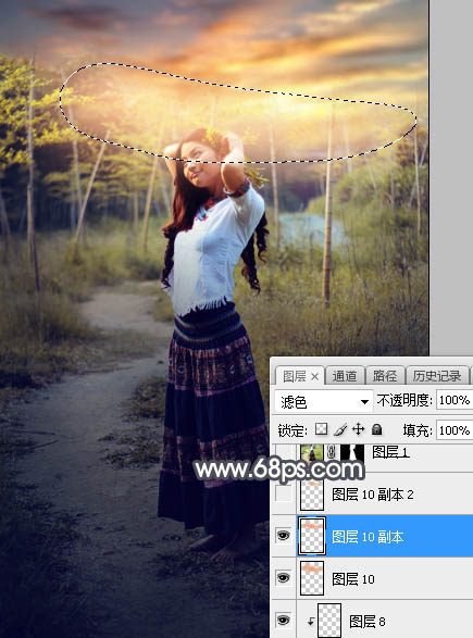 Photoshop调制出给漂亮的霞光色竹林人物图片
