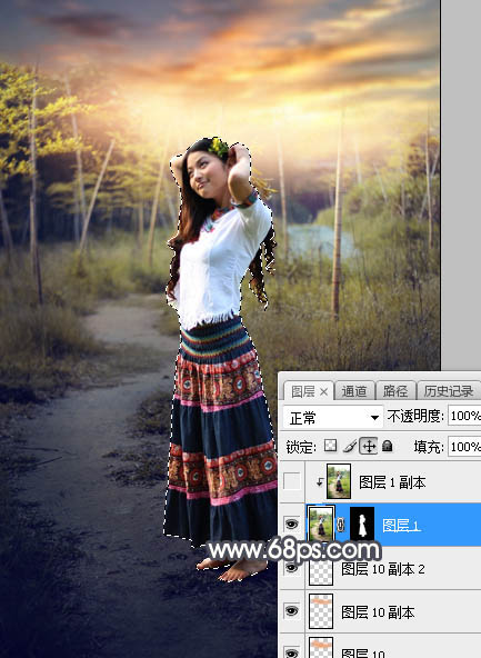 Photoshop调制出给漂亮的霞光色竹林人物图片