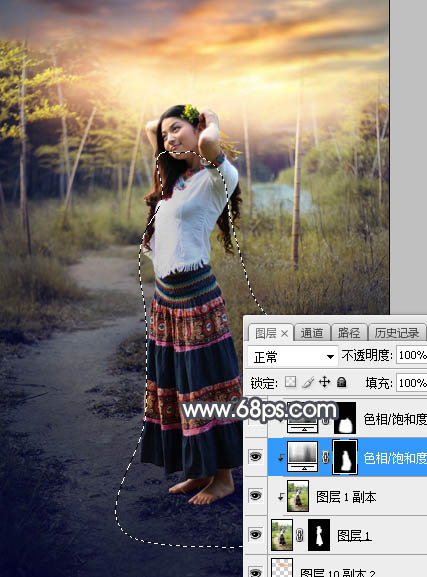 Photoshop调制出给漂亮的霞光色竹林人物图片