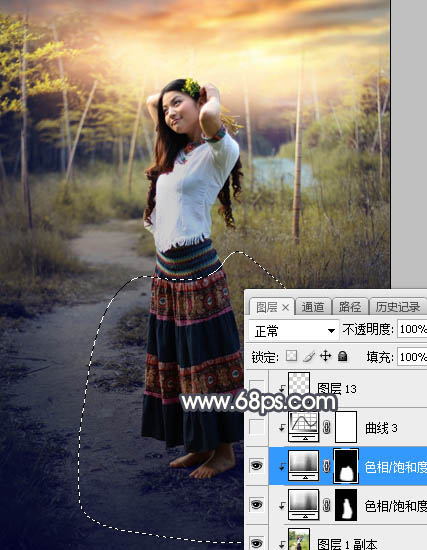 Photoshop调制出给漂亮的霞光色竹林人物图片