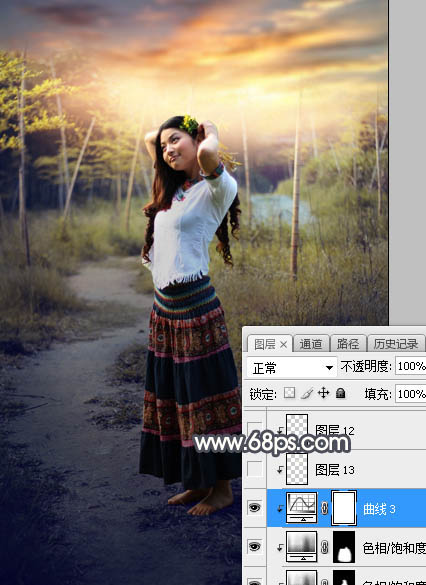Photoshop调制出给漂亮的霞光色竹林人物图片