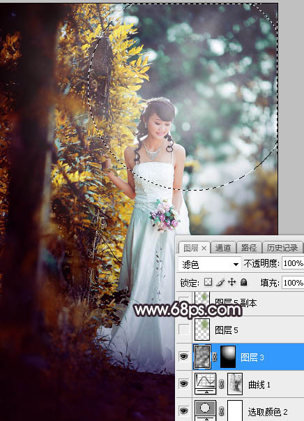Photoshop将树林婚片打造甜美的逆光青红色