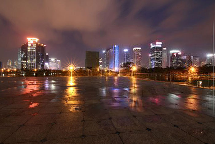 PS将黑夜雨中独行的女孩制作出璀璨城市夜景背景