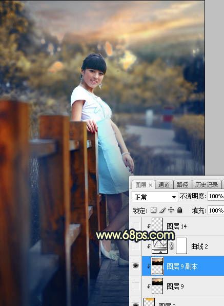Photoshop调制出秋季晨曦木桥上的人物图片