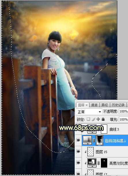 Photoshop调制出秋季晨曦木桥上的人物图片