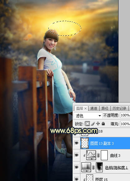 Photoshop调制出秋季晨曦木桥上的人物图片