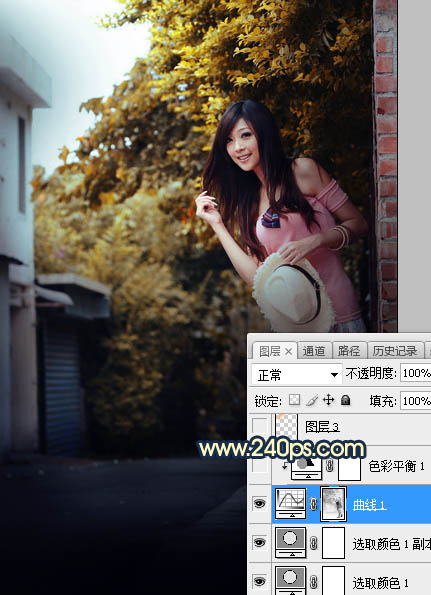 Photoshop调制出阳光晨曦效果路边大树旁美女图片