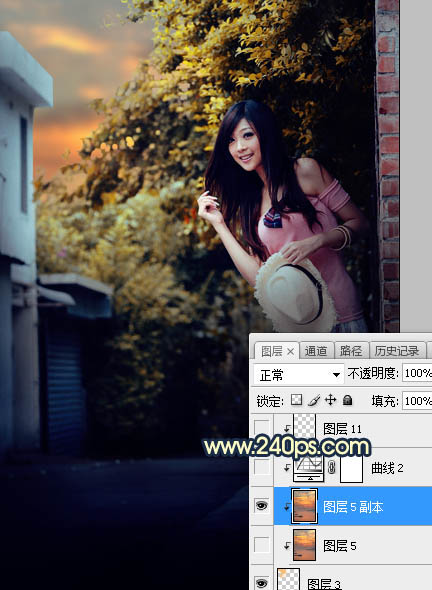 Photoshop调制出阳光晨曦效果路边大树旁美女图片
