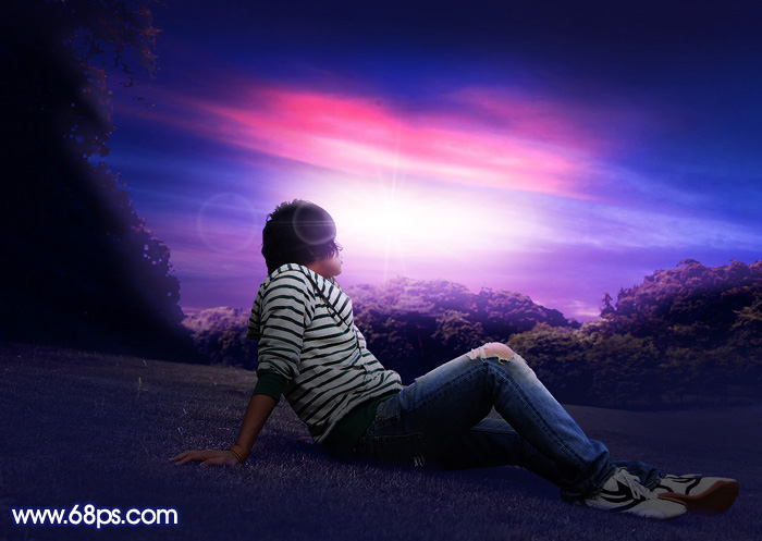 Photoshop调制出唯美的紫色霞光草坪上人物图片