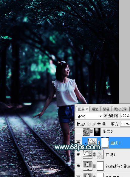 Photoshop为树林人物图片打造梦幻的暗青色逆光效果