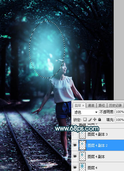 Photoshop为树林人物图片打造梦幻的暗青色逆光效果