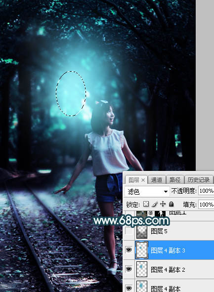Photoshop为树林人物图片打造梦幻的暗青色逆光效果