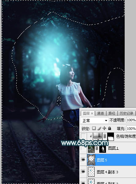 Photoshop为树林人物图片打造梦幻的暗青色逆光效果