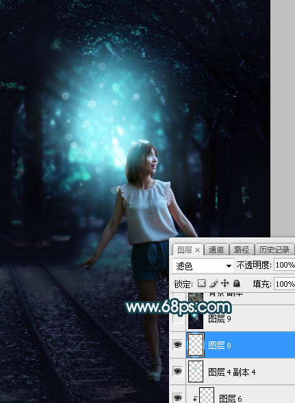 Photoshop为树林人物图片打造梦幻的暗青色逆光效果