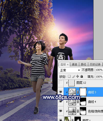 Photoshop调制出紫色霞光马路上的情侣图片