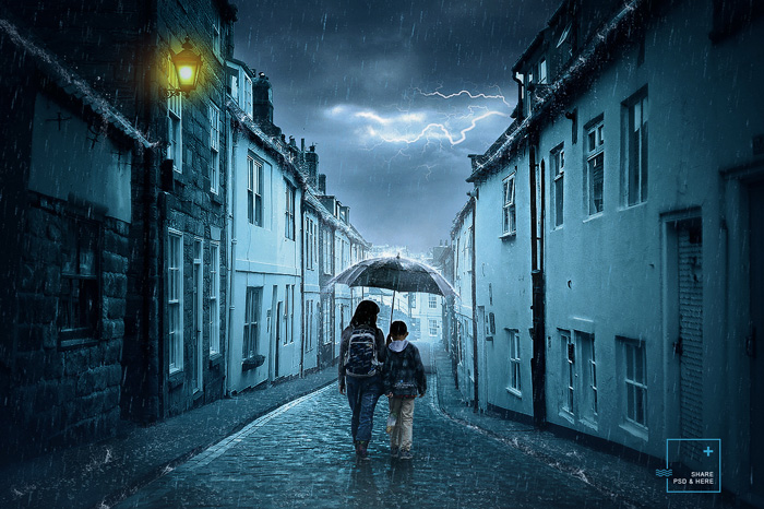 Photoshop合成阴冷的小巷雨夜场景