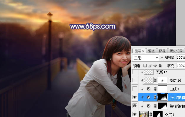 Photoshop将护栏上的人物加上漂亮的晨曦色