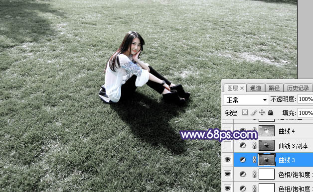 Photoshop将草地人物图片打造出小清新的中性淡蓝色