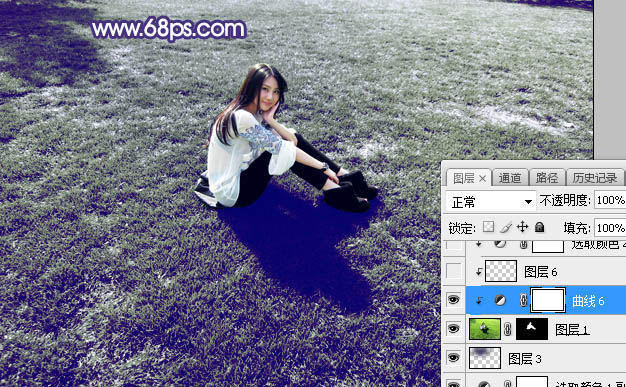 Photoshop将草地人物图片打造出小清新的中性淡蓝色