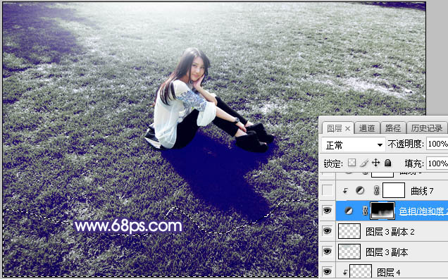 Photoshop将草地人物图片打造出小清新的中性淡蓝色