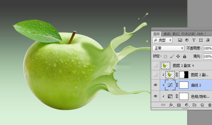 Photoshop创意合成青苹果被液体喷溅打散效果教程