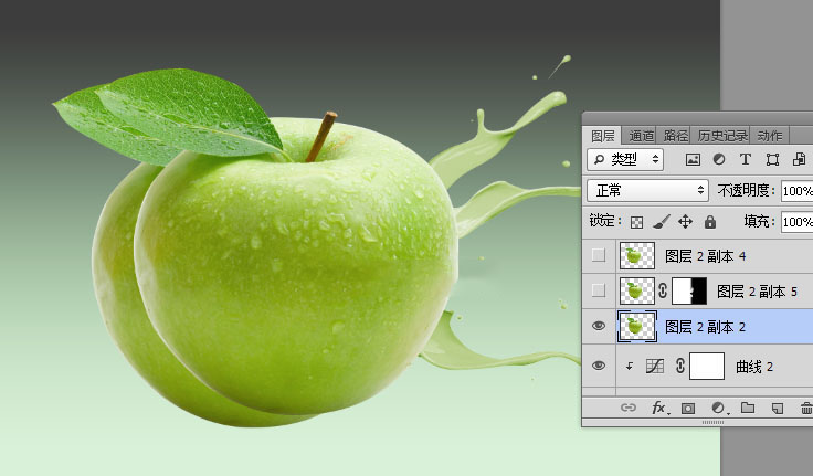 Photoshop创意合成青苹果被液体喷溅打散效果教程