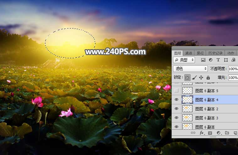 Photoshop怎么给荷花池外景照片快速添加夕阳美景效果？