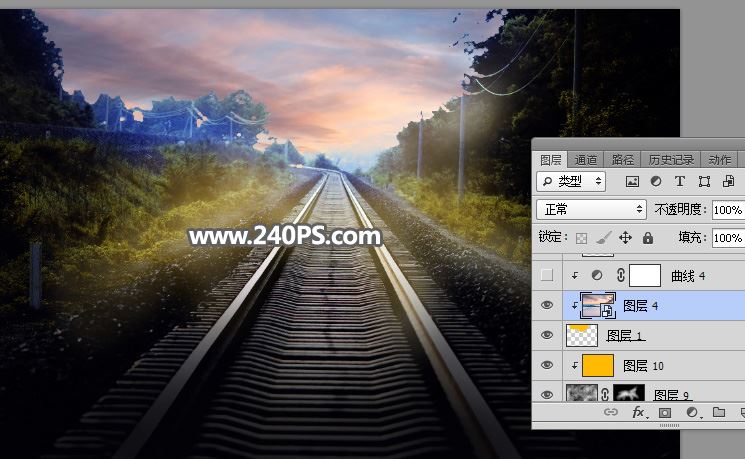 ps把白天铁轨风景图调成日出晨曦的效果教程
