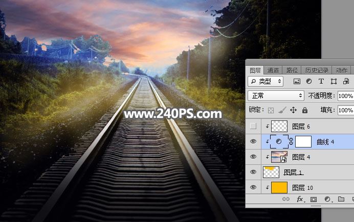 ps把白天铁轨风景图调成日出晨曦的效果教程